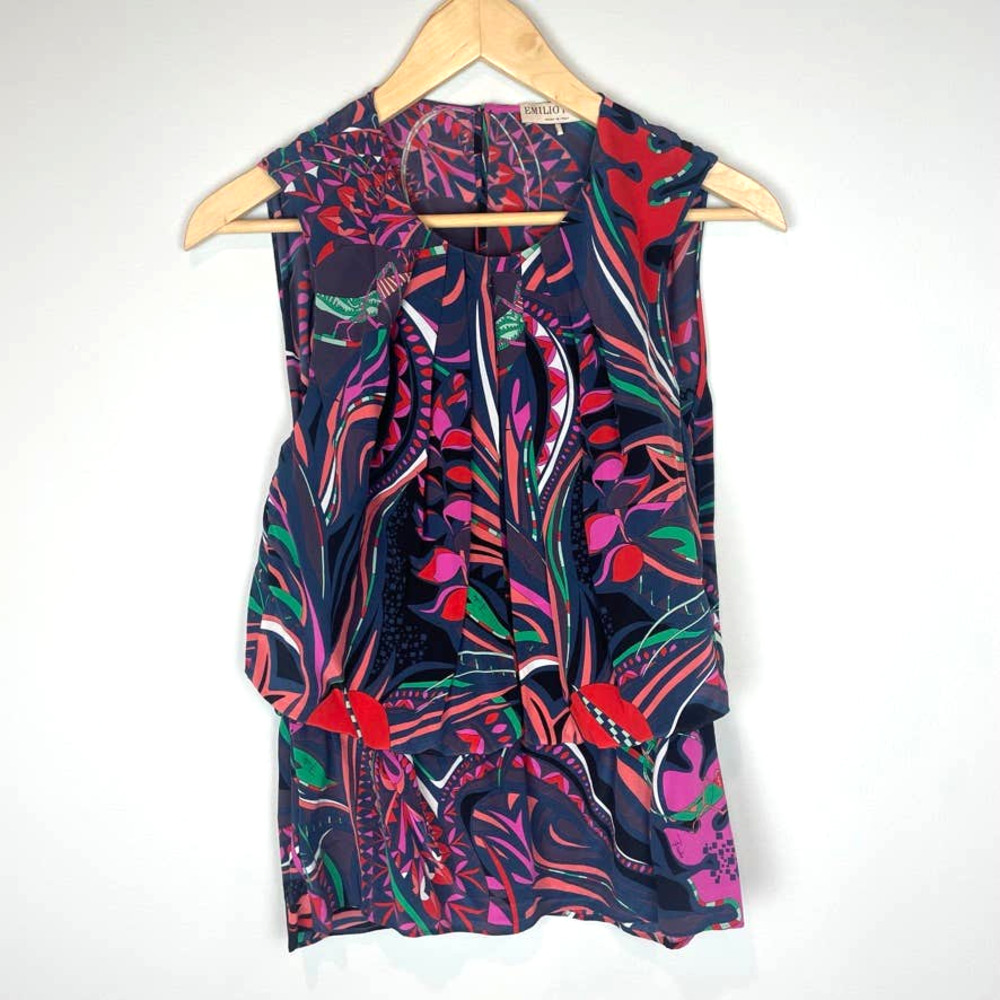 EMILIO PUCCI Dark Grasshopper Print Sleeveless Peplum Silk Top